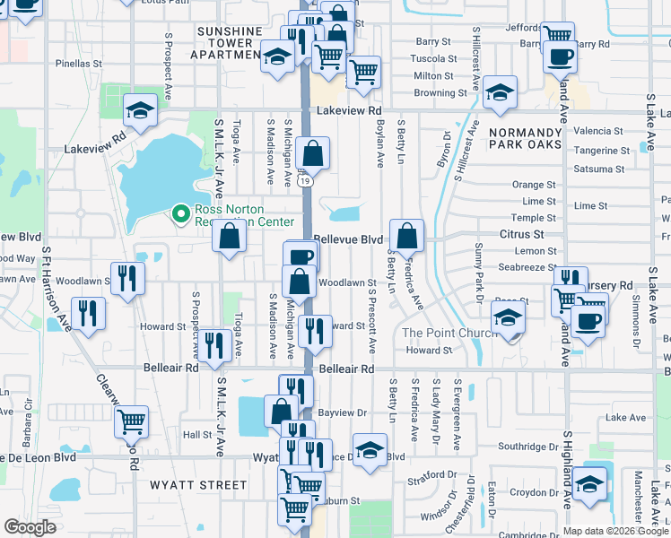 map of restaurants, bars, coffee shops, grocery stores, and more near 1470 South Jefferson Avenue in Clearwater