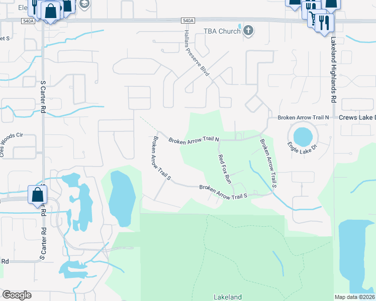 map of restaurants, bars, coffee shops, grocery stores, and more near 1595 Broken Arrow Trail North in Lakeland