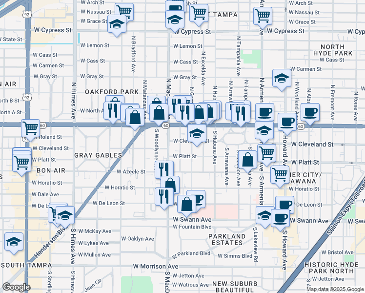 map of restaurants, bars, coffee shops, grocery stores, and more near 3016 West Cleveland Street in Tampa