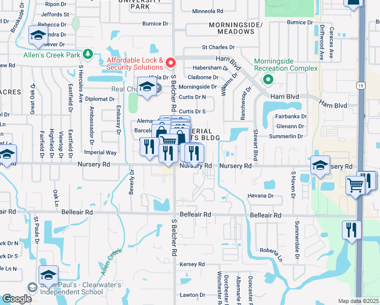 map of restaurants, bars, coffee shops, grocery stores, and more near 2230 Nursery Road in Clearwater
