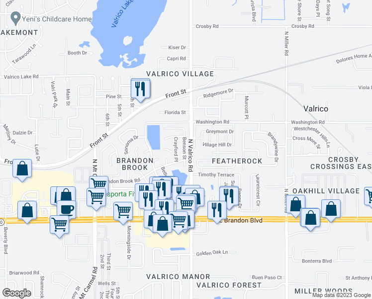 map of restaurants, bars, coffee shops, grocery stores, and more near 311 Benson Street in Valrico