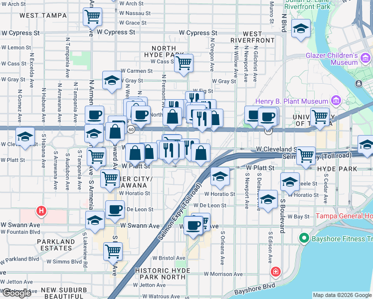 map of restaurants, bars, coffee shops, grocery stores, and more near 1700 West Cleveland Street in Tampa