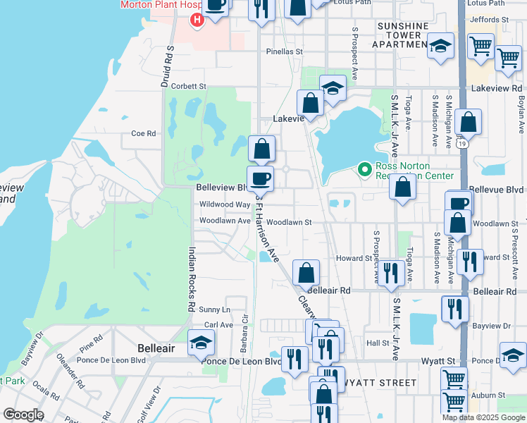 map of restaurants, bars, coffee shops, grocery stores, and more near 1477 South Fort Harrison Avenue in Clearwater