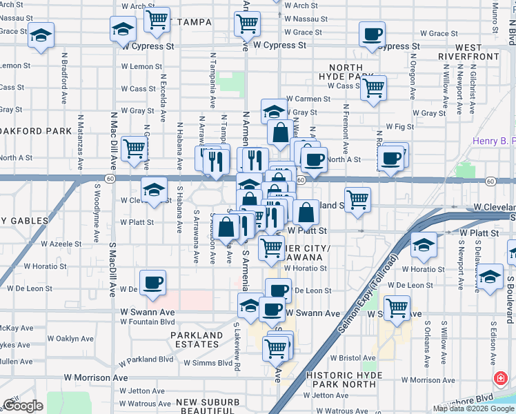 map of restaurants, bars, coffee shops, grocery stores, and more near 2550 West Bird Street in Tampa