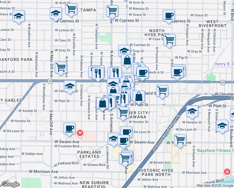 map of restaurants, bars, coffee shops, grocery stores, and more near 2402 West Cleveland Street in Tampa