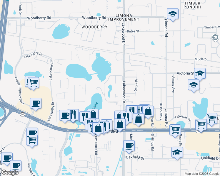 map of restaurants, bars, coffee shops, grocery stores, and more near 1851 Lake Chapman Drive in Brandon