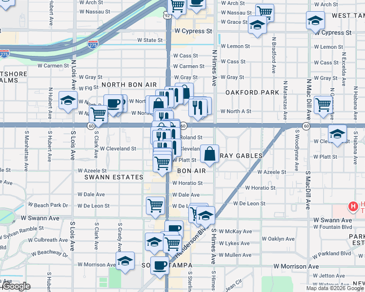 map of restaurants, bars, coffee shops, grocery stores, and more near 3710 W Roland St in Tampa