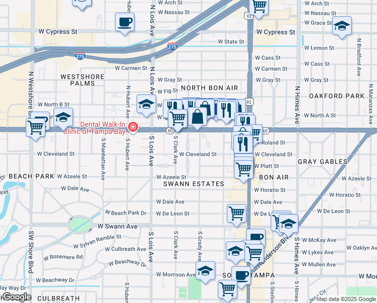 map of restaurants, bars, coffee shops, grocery stores, and more near 116 South Hale Avenue in Tampa