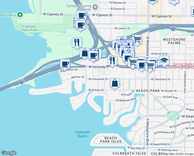 map of restaurants, bars, coffee shops, grocery stores, and more near 5306 West Kennedy Boulevard in Tampa