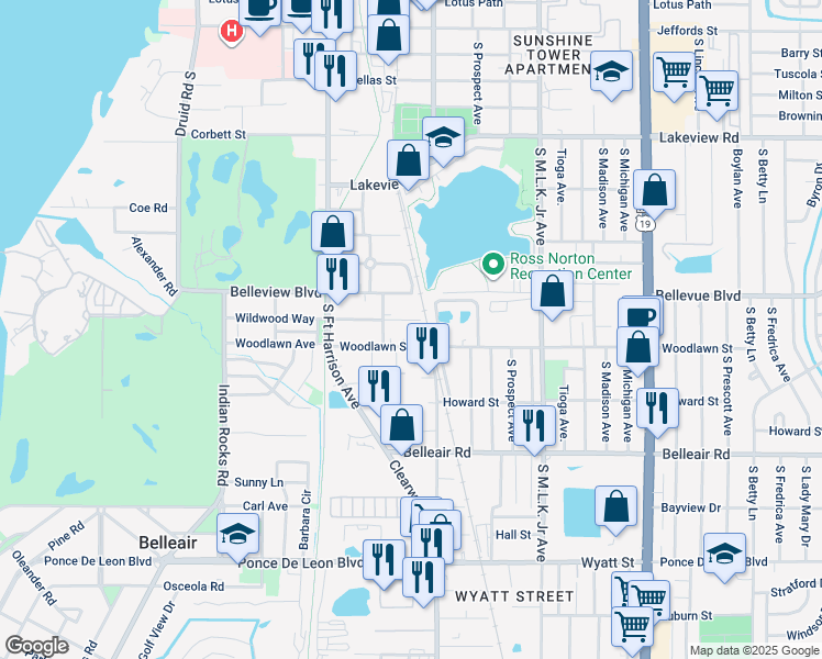 map of restaurants, bars, coffee shops, grocery stores, and more near 619 Wildwood Way in Clearwater