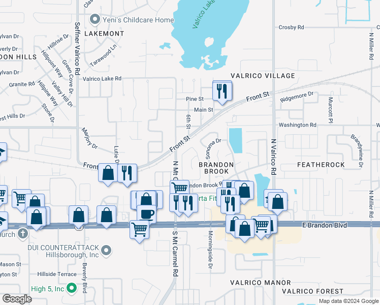 map of restaurants, bars, coffee shops, grocery stores, and more near 414 Country Vineyard Drive in Valrico