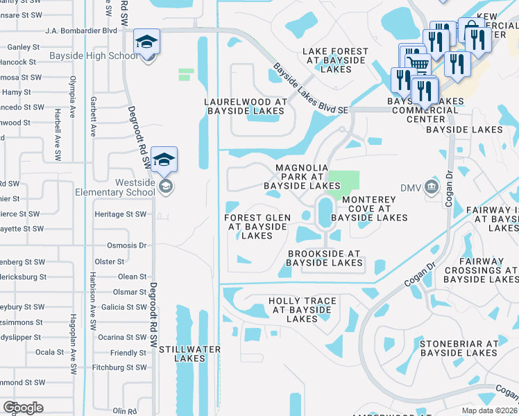 map of restaurants, bars, coffee shops, grocery stores, and more near 285 Brandy Creek Circle Southeast in Palm Bay