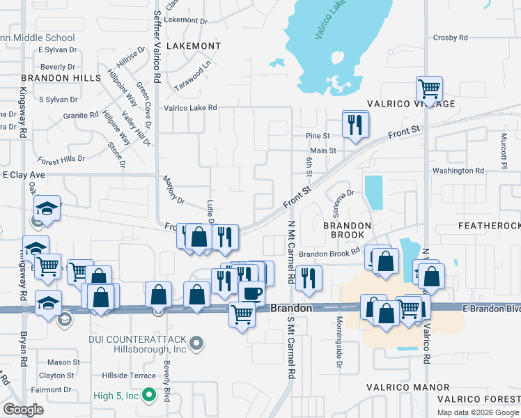 map of restaurants, bars, coffee shops, grocery stores, and more near 404 Dunaway Drive in Valrico