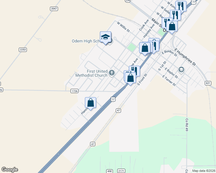 map of restaurants, bars, coffee shops, grocery stores, and more near 1403 Haisley Avenue in Odem