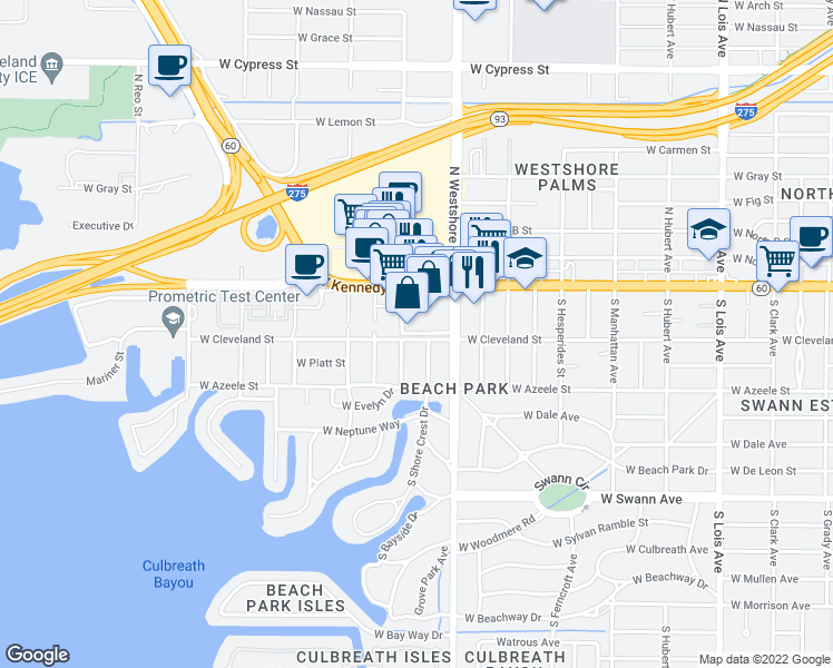 map of restaurants, bars, coffee shops, grocery stores, and more near South Occident Street in Tampa