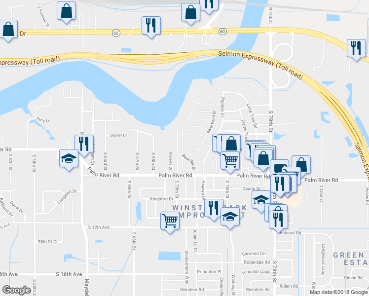 map of restaurants, bars, coffee shops, grocery stores, and more near 7011 Grand River Drive in Tampa