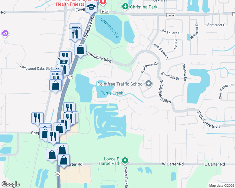 map of restaurants, bars, coffee shops, grocery stores, and more near 512 Century Oak Court in Lakeland