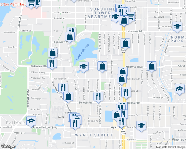 map of restaurants, bars, coffee shops, grocery stores, and more near 910 Woodlawn Street in Clearwater