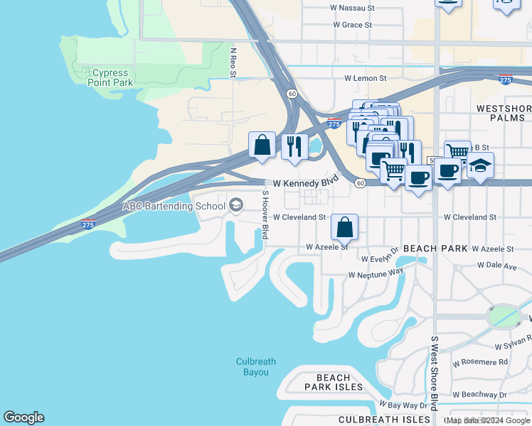map of restaurants, bars, coffee shops, grocery stores, and more near 135 South Hoover Boulevard in Tampa
