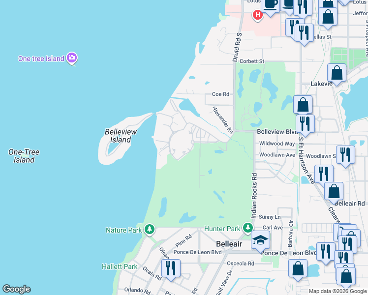 map of restaurants, bars, coffee shops, grocery stores, and more near 85 Belleview Boulevard in Belleair