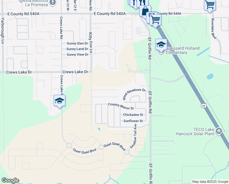 map of restaurants, bars, coffee shops, grocery stores, and more near 4441 Iris Street North in Lakeland