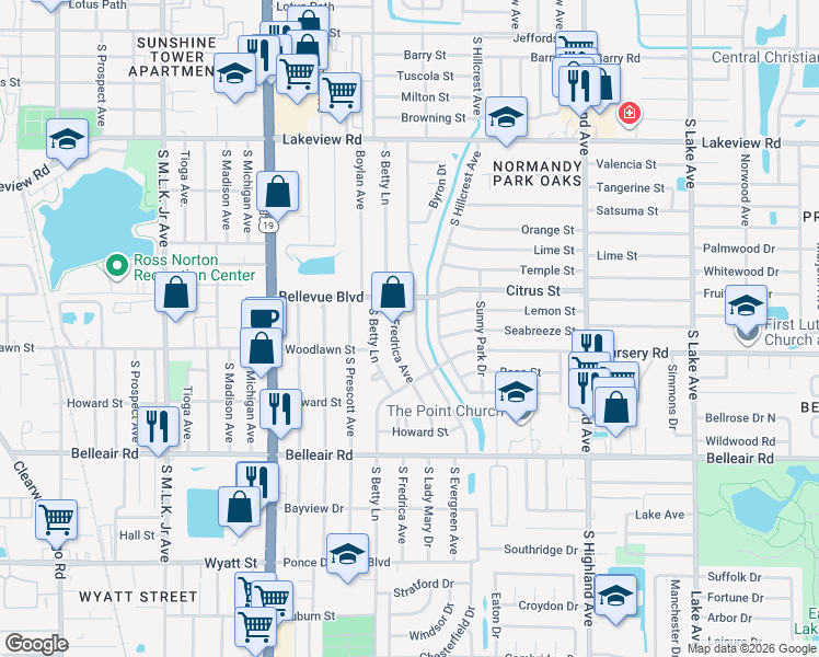 map of restaurants, bars, coffee shops, grocery stores, and more near 1464 South Evergreen Avenue in Clearwater