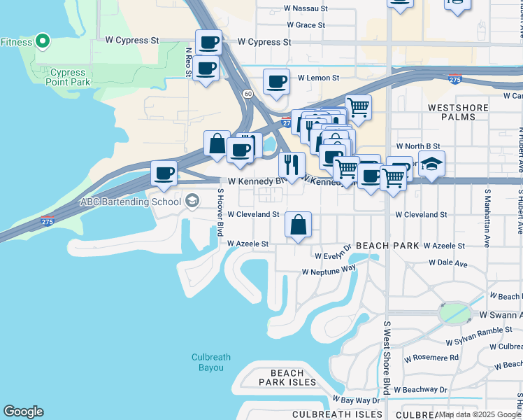map of restaurants, bars, coffee shops, grocery stores, and more near 5211 West Cleveland Street in Tampa