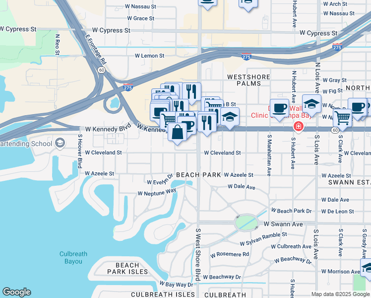 map of restaurants, bars, coffee shops, grocery stores, and more near 4855 West Cleveland Street in Tampa