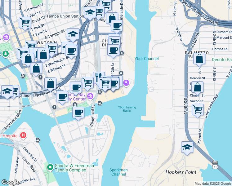 map of restaurants, bars, coffee shops, grocery stores, and more near 651 Channelside Drive in Tampa