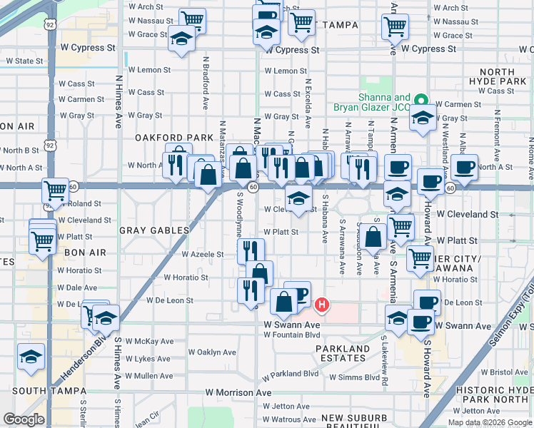 map of restaurants, bars, coffee shops, grocery stores, and more near 3016 West Cleveland Street in Tampa