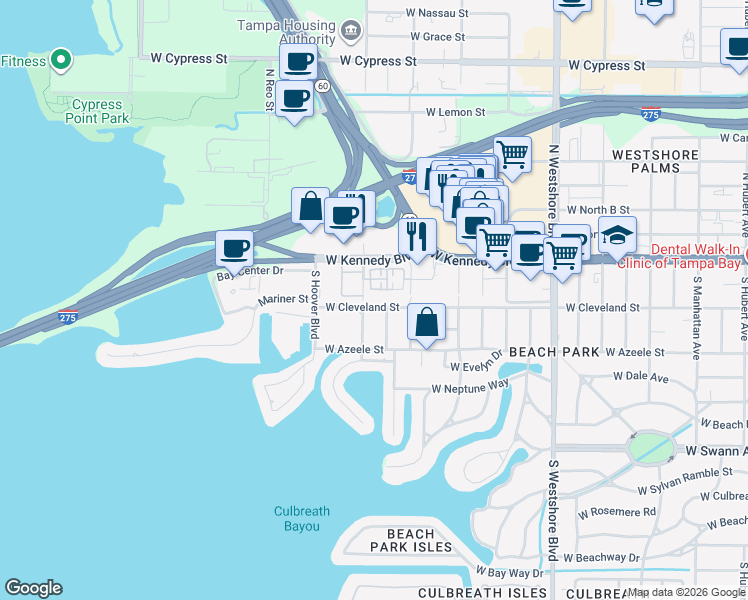map of restaurants, bars, coffee shops, grocery stores, and more near 5211 West Cleveland Street in Tampa