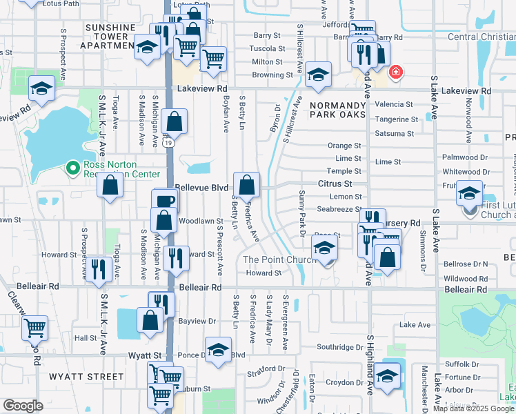 map of restaurants, bars, coffee shops, grocery stores, and more near 1464 South Evergreen Avenue in Clearwater