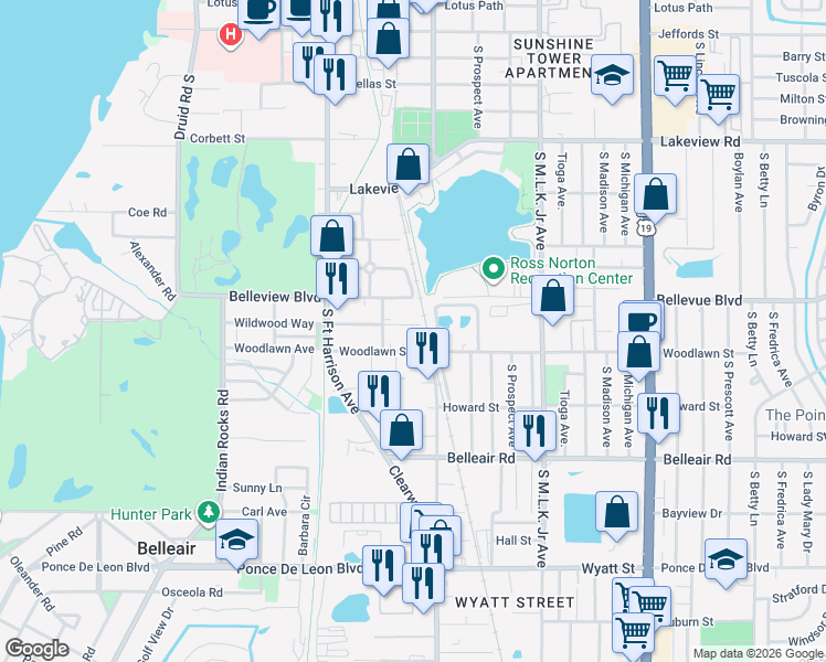 map of restaurants, bars, coffee shops, grocery stores, and more near 619 Wildwood Way in Clearwater