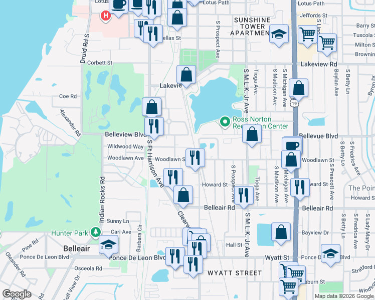 map of restaurants, bars, coffee shops, grocery stores, and more near 619 Wildwood Way in Clearwater