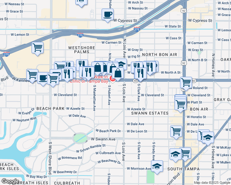 map of restaurants, bars, coffee shops, grocery stores, and more near 4211 West Cleveland Street in Tampa