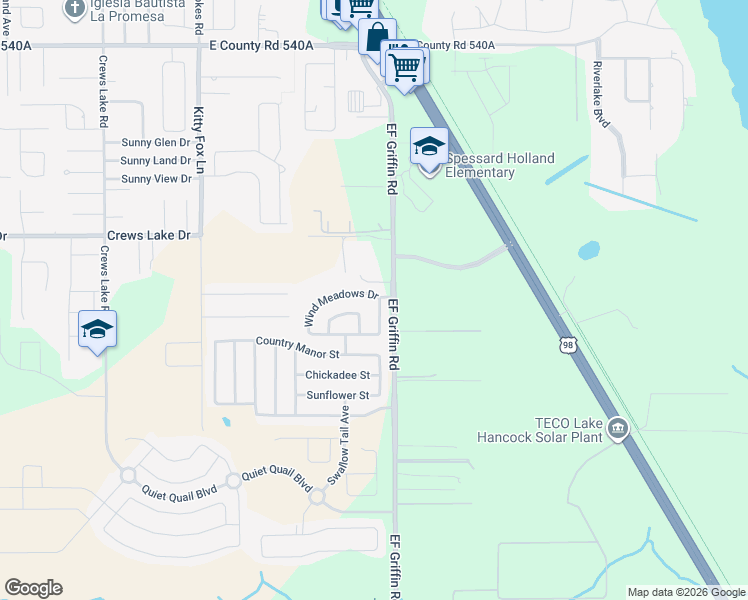 map of restaurants, bars, coffee shops, grocery stores, and more near 1907 Wind Meadows Drive in Bartow