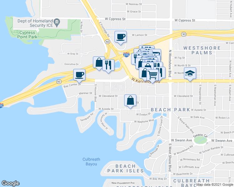 map of restaurants, bars, coffee shops, grocery stores, and more near 5211 West Cleveland Street in Tampa