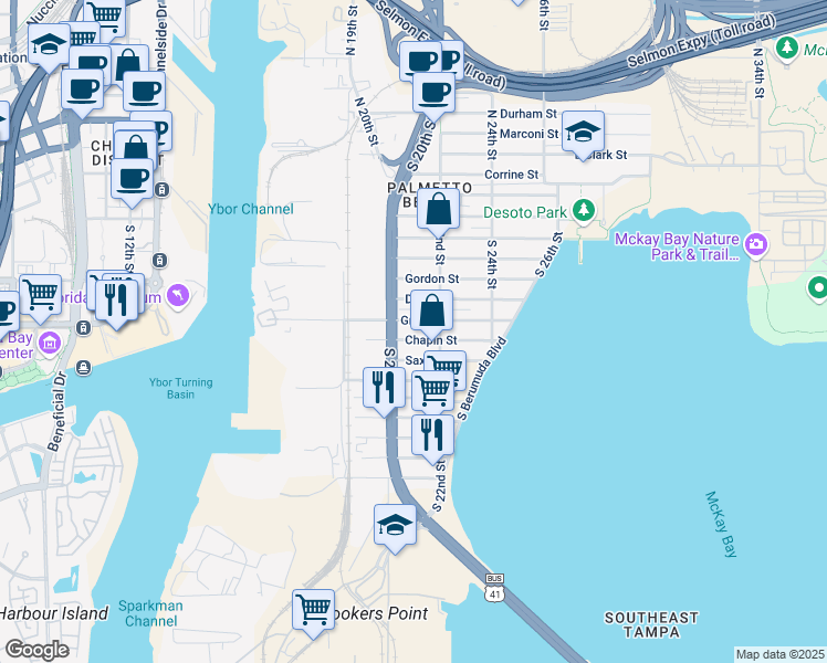 map of restaurants, bars, coffee shops, grocery stores, and more near 904 South 20th Street in Tampa