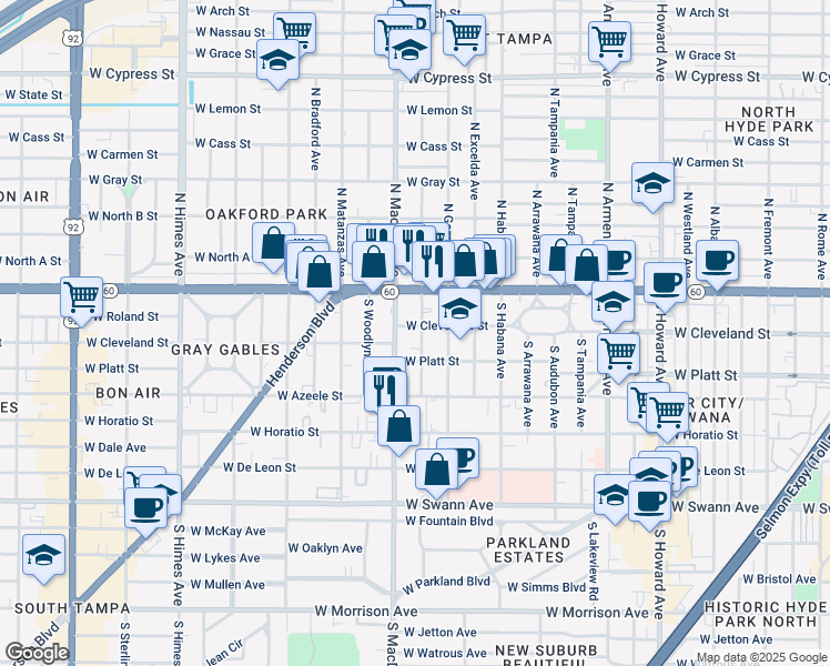 map of restaurants, bars, coffee shops, grocery stores, and more near 3016 West Cleveland Street in Tampa