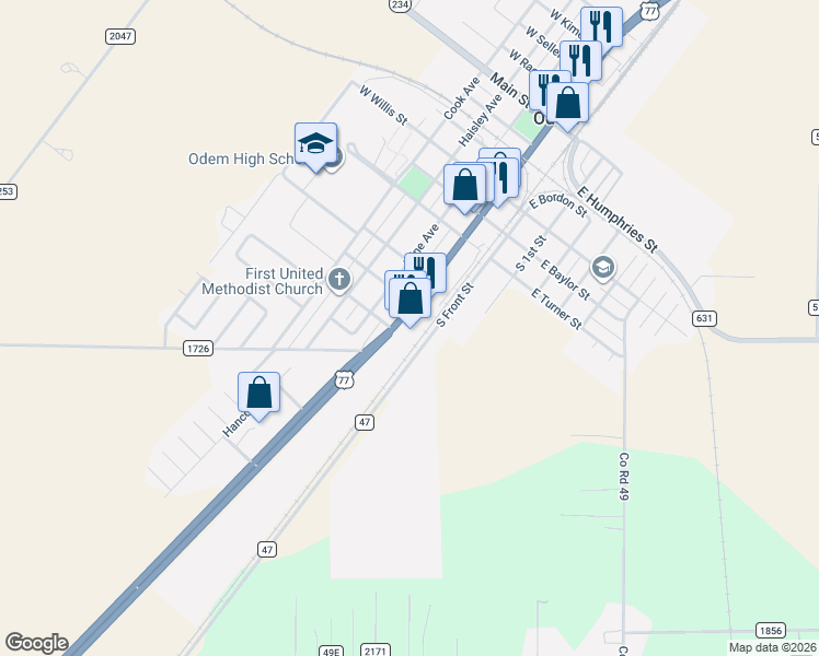map of restaurants, bars, coffee shops, grocery stores, and more near 2202 Voss Avenue in Odem