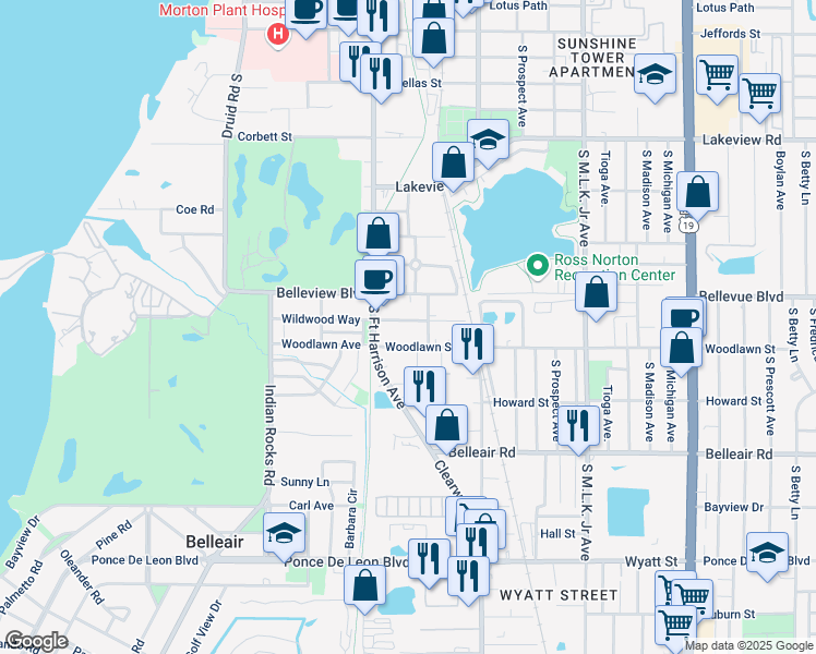 map of restaurants, bars, coffee shops, grocery stores, and more near 531 Wildwood Way in Clearwater
