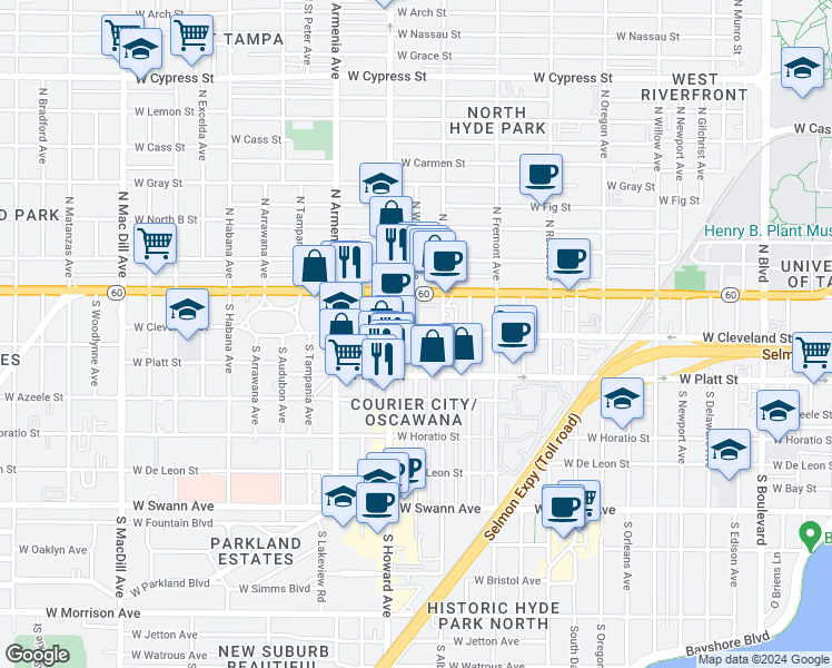 map of restaurants, bars, coffee shops, grocery stores, and more near W Cleveland St & S Westland Ave in Tampa