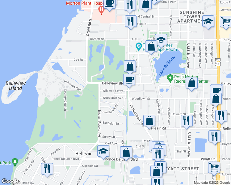 map of restaurants, bars, coffee shops, grocery stores, and more near 1402 Orange Avenue in Belleair