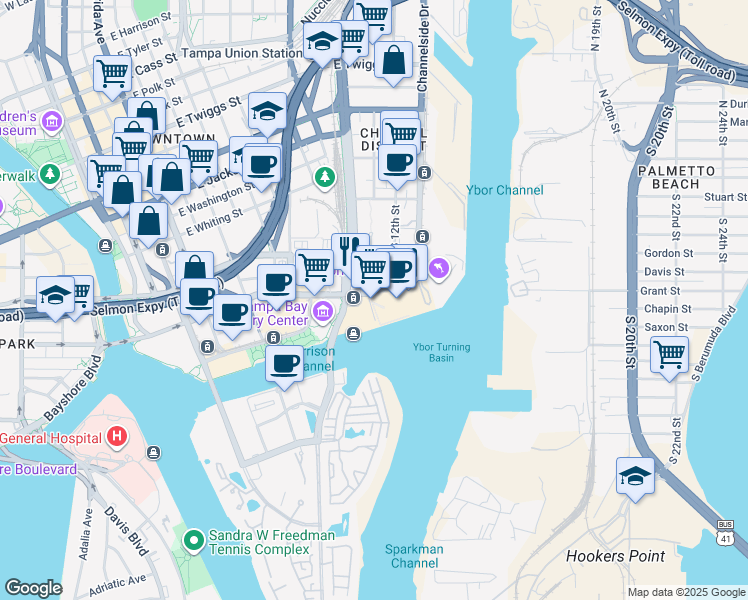 map of restaurants, bars, coffee shops, grocery stores, and more near 615 Channelside Drive in Tampa