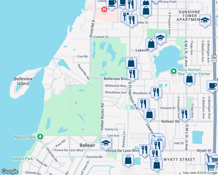 map of restaurants, bars, coffee shops, grocery stores, and more near 317 Wildwood Way in Belleair