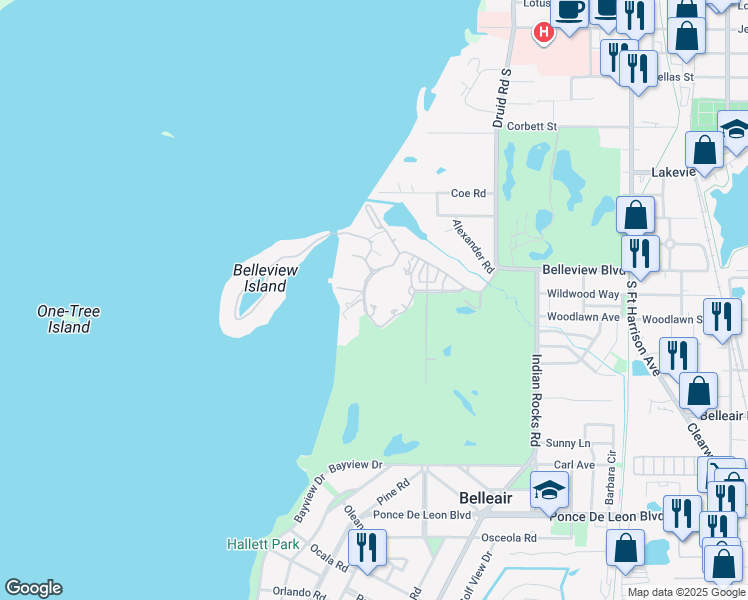 map of restaurants, bars, coffee shops, grocery stores, and more near 125 Belleview Boulevard in Belleair