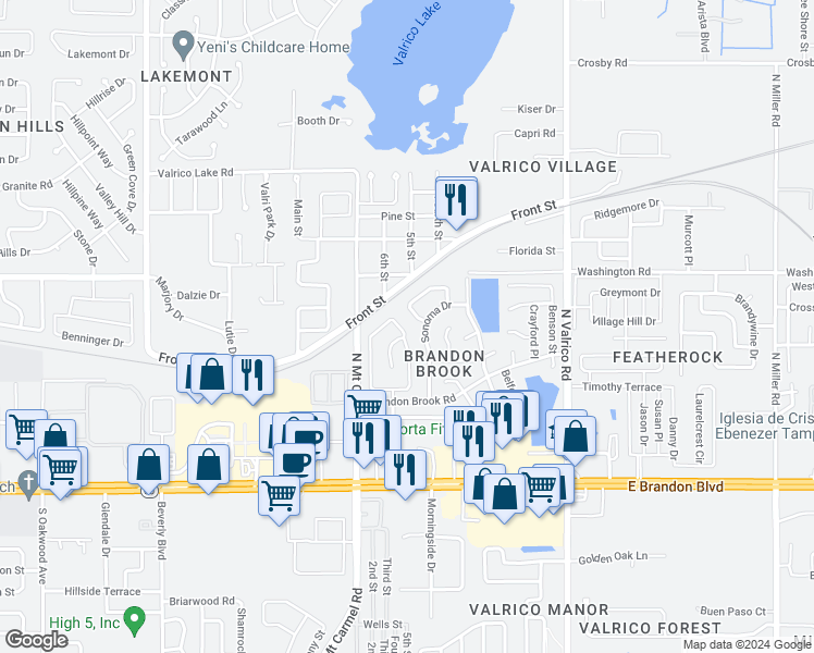 map of restaurants, bars, coffee shops, grocery stores, and more near 403 Country Vineyard Drive in Valrico
