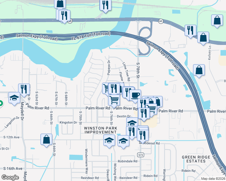 map of restaurants, bars, coffee shops, grocery stores, and more near 7414 Manchester Lane in Tampa