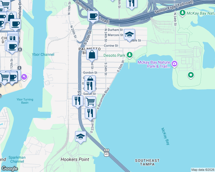 map of restaurants, bars, coffee shops, grocery stores, and more near 803 South Berumuda Boulevard in Tampa