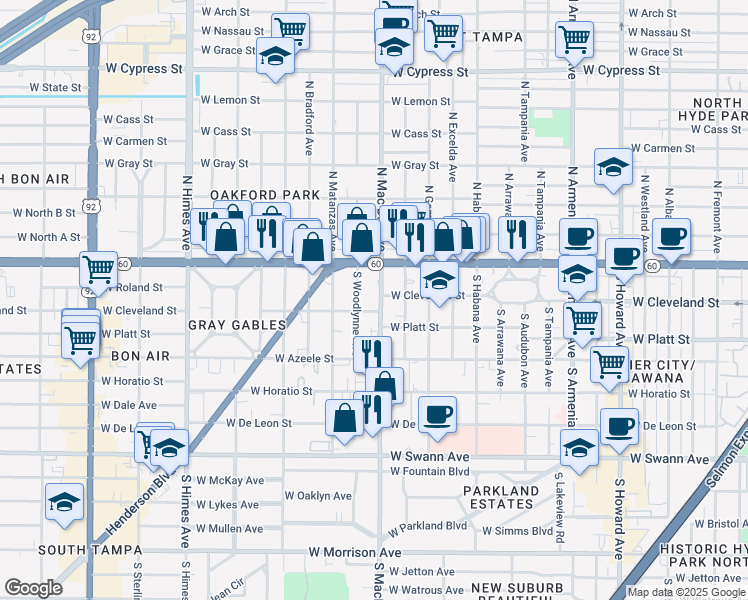 map of restaurants, bars, coffee shops, grocery stores, and more near 110 South Woodlynne Avenue in Tampa